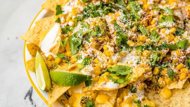 Elote Mexican Street Corn Nachos with Zesty Cheese Sauce